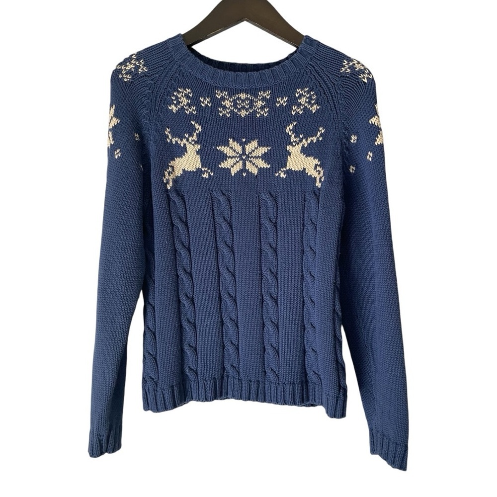 Land’s End Vintage 90’s Blue Cable Knit Fair Isle Reindeer Snowflake Sweater Med
